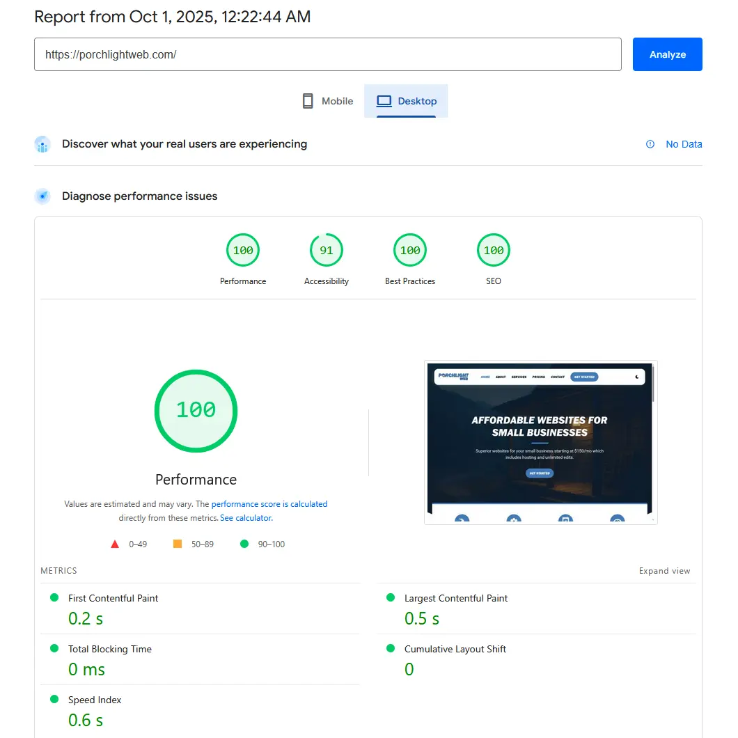 Google PageSpeed Insights showing 100 scores for Performance, Accessibility, Best Practices, and SEO